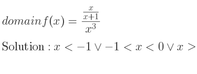 The domain of f(x)=(x/(x+1))/(x^3) is x<-1\lor-1<x<0\lor x>0